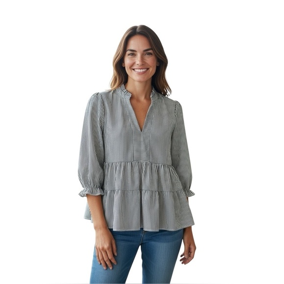 Monteau Tops - Monteau Seersucker Womens Ruffle Striped Babydoll 3/4 Length Sleeve Blouse Top L